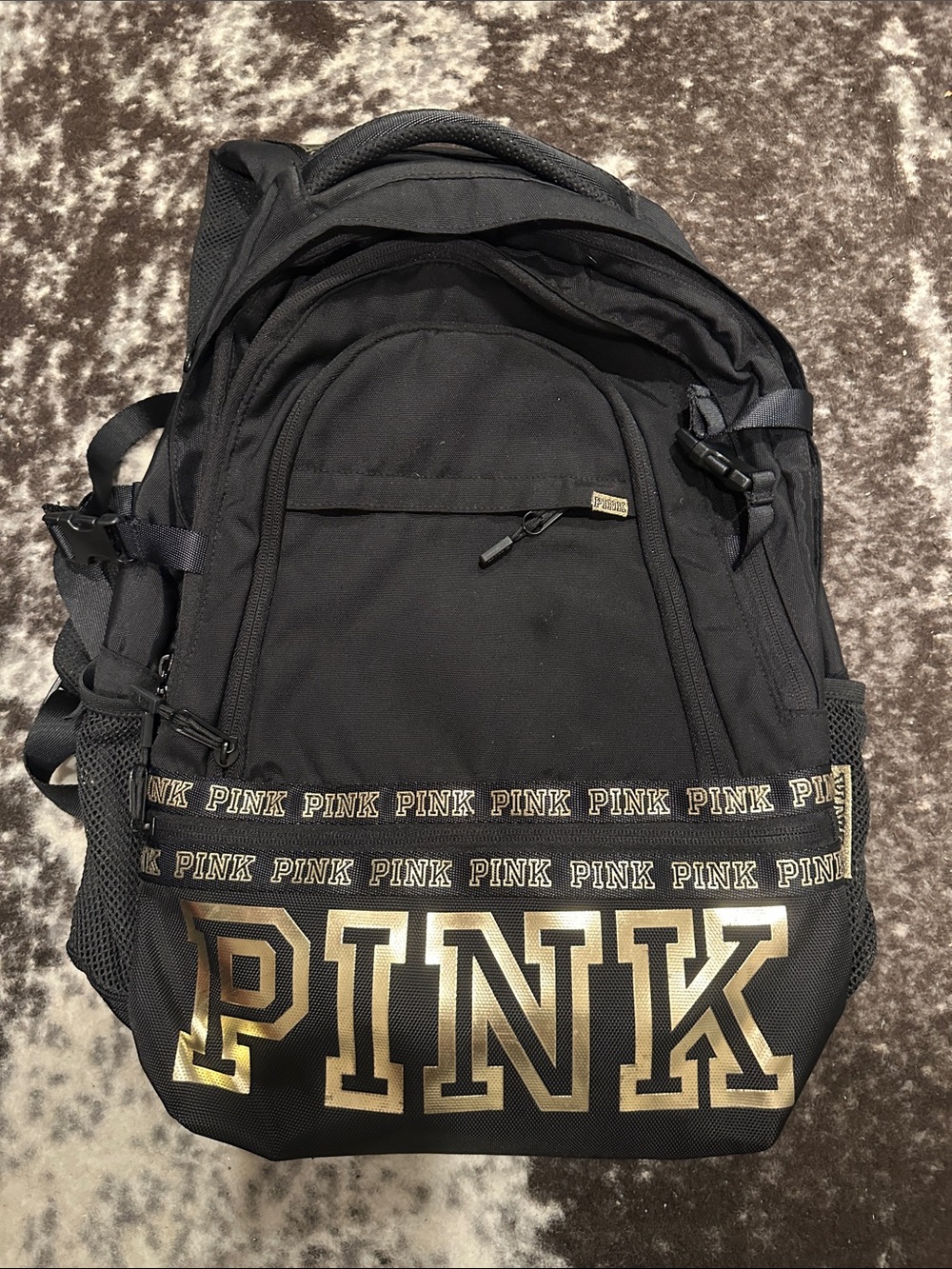 PINK Victoria's Secret Black Collegiate Backpack with Gold Logo